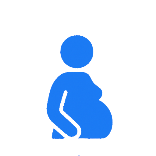 Blue icon of a pregnant person holding their belly with the letter M in the background representing maternity care; the tone is caring and supportive